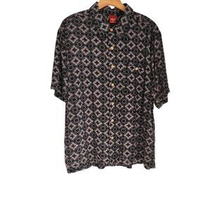 Junction‎ West Shirt Rayon Blue Short Sleeve Geometric Pattern Button Up XL